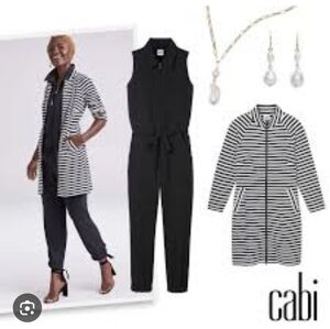 CAbi Black Sleeveless Jumpsuit with Black & White Striped Long Jacket